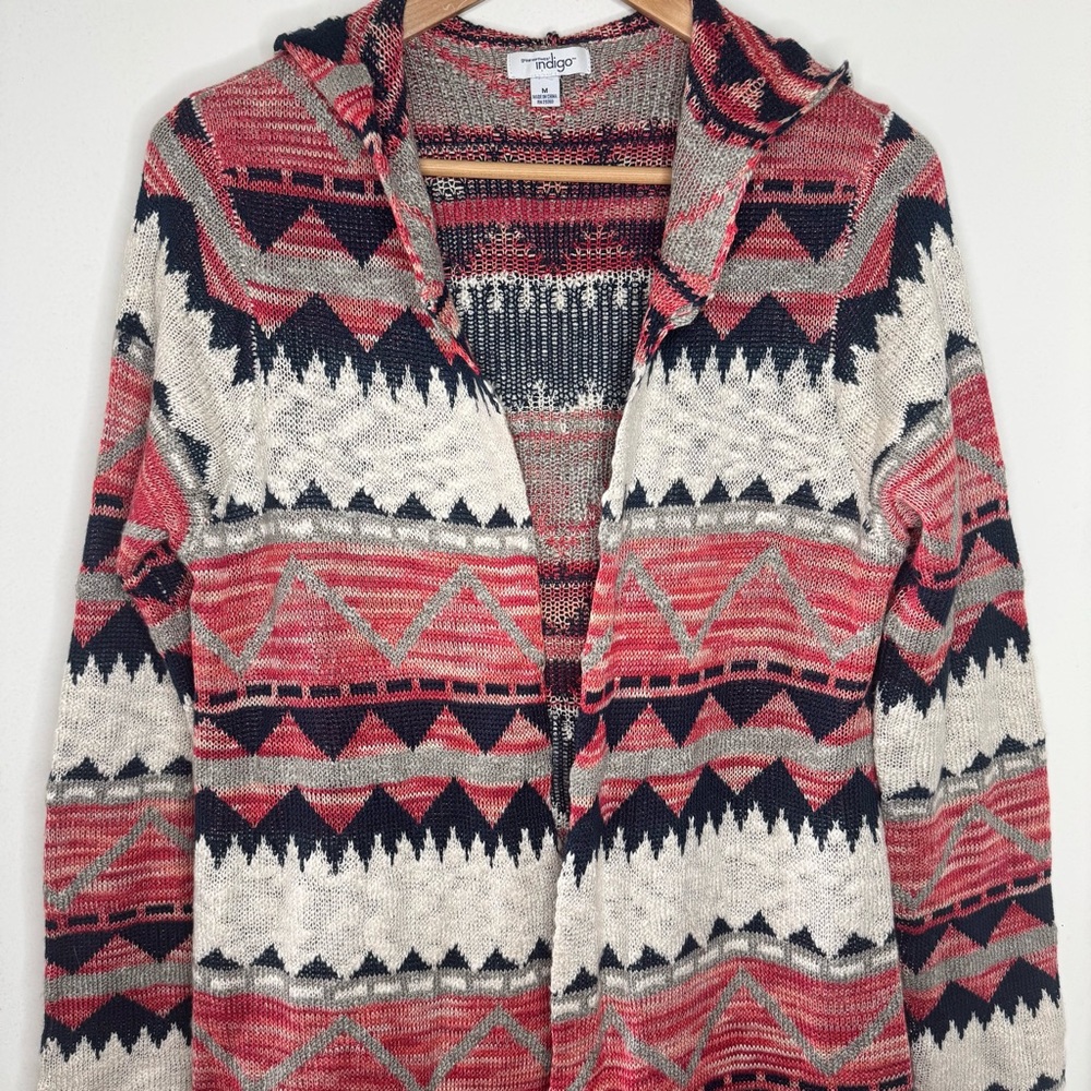 Great Northwest Indigo Women’s Southwestern Geometric Long Hooded Sweater Medium - Picture 3 of 7